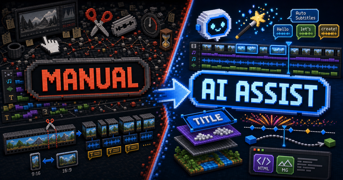 A pixel-art ClipCombo cover comparing manual video editing with AI-assisted video editing